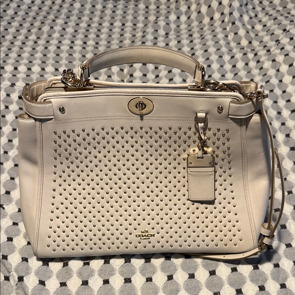Coach Cream Leather Studded Satchel with Gold Hardware